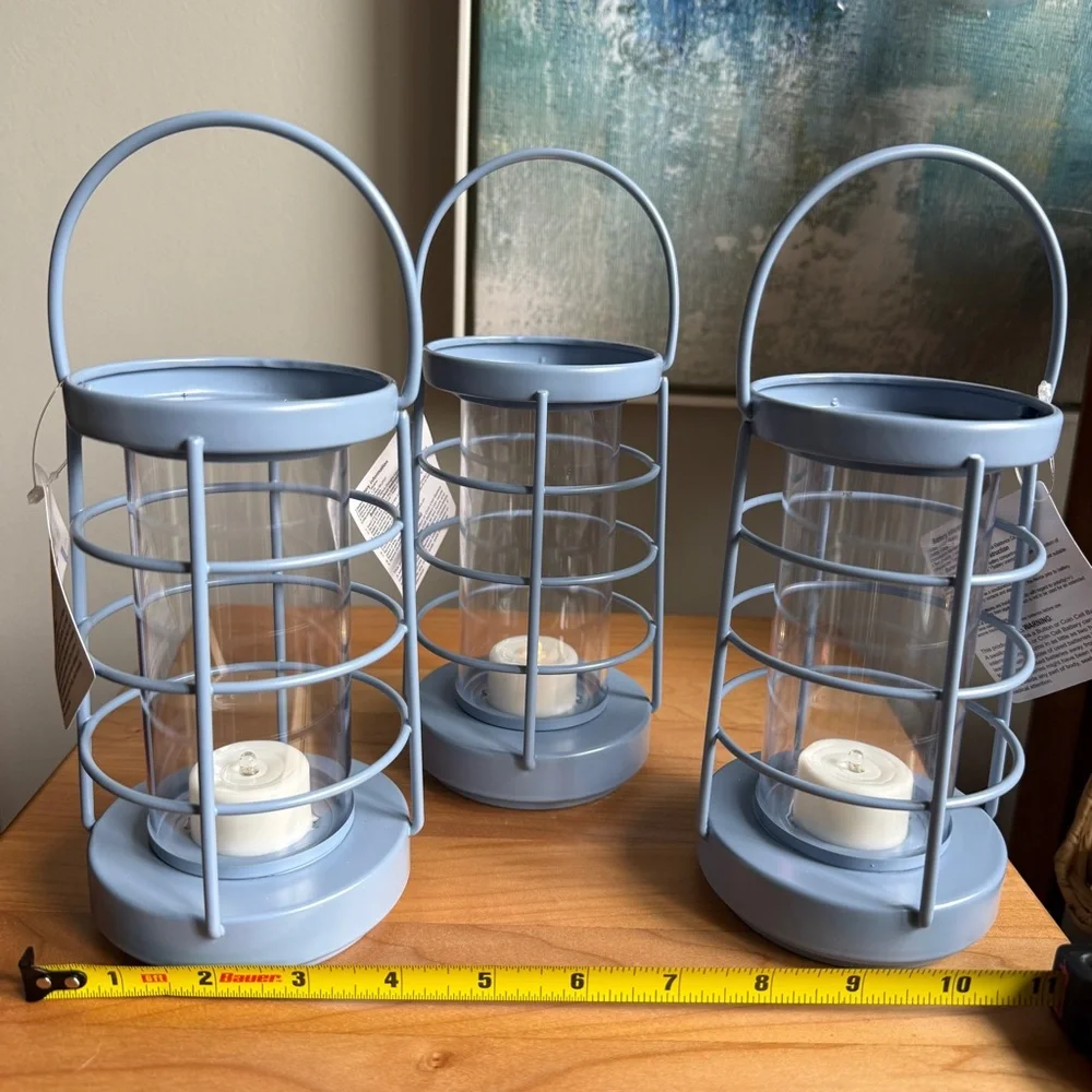 NWT Set of 3 Target Bullseye Playground Nautical Metal Coastal Blue Lanterns